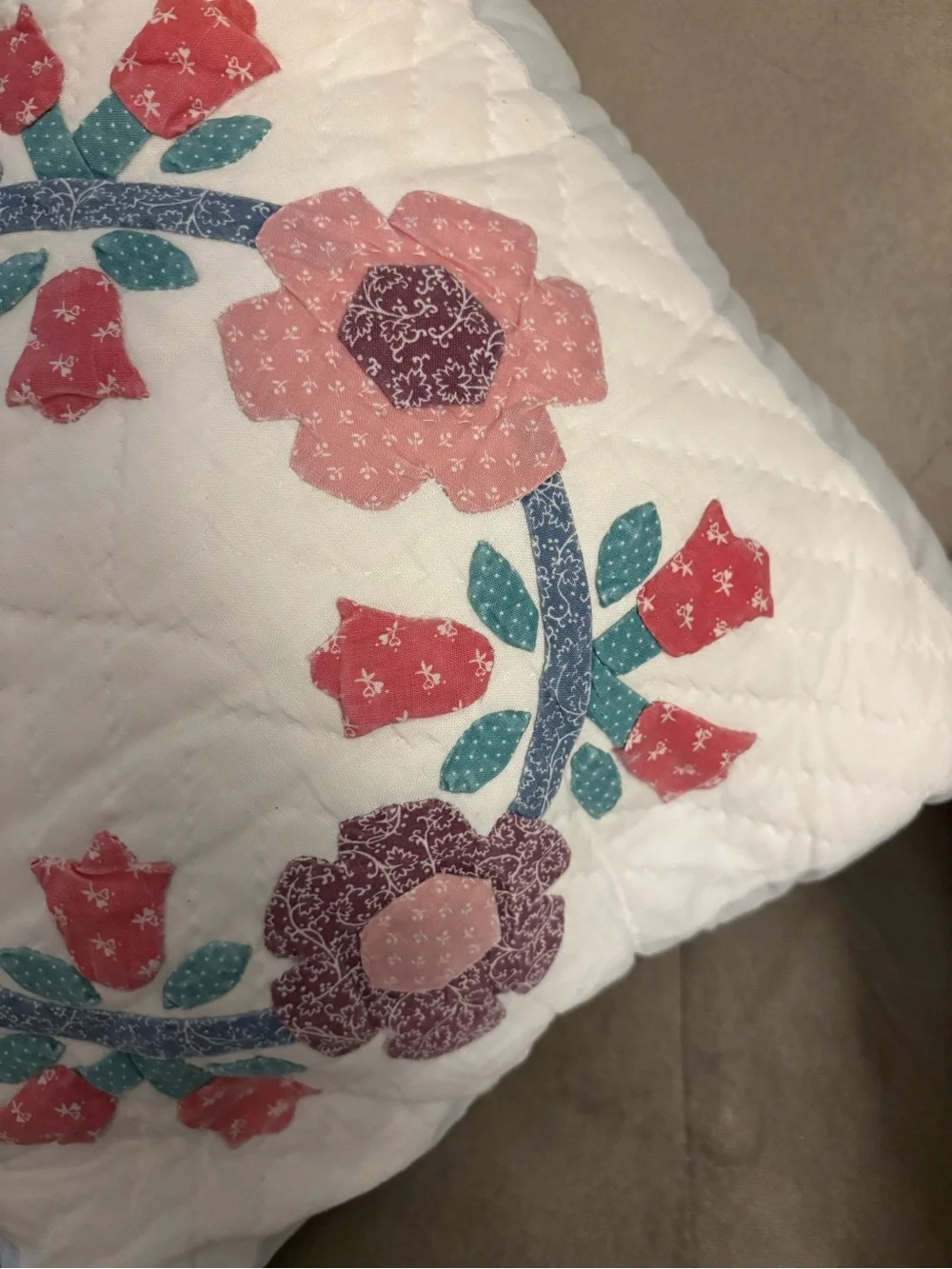 Vintage 90s Elevated Coquette Hand-Quilted Floral Appliqué Square Pillow